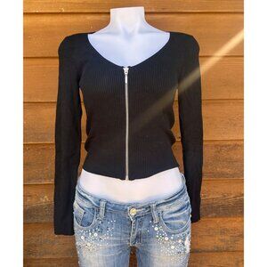 Divided Black Ribbed Front Zip Crop Top Size M